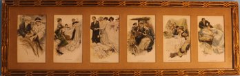 Six Framed Vintage Pictures - Harrison Fisher Postcards - Couples' Life Proposal To Baby