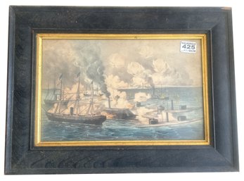 Antique Framed Lithograph Of 'The Great Naval Victory In Mobile Bay, Aug 31 1864', 16.5' X 12'H
