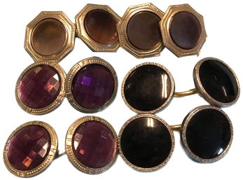 3 Sets Victorian Cufflinks, 1-Set Onyx, Marked Krementz, 1-Set MOP Unmarked & 1-Set Purple Unmarked