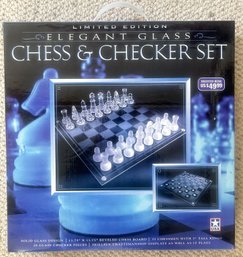 New In Box Elegant Glass Chess & Checker Set, Solid Beveled Glass Design 13.75' Sq