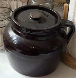 Antique Brown Glazed Covered Single Handle Bean Pot, 7' Diam. X 6'H