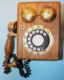 Vintage Wall Mounted Telephone In Oak Case, 9' X 12'H (not Includeding Cord)