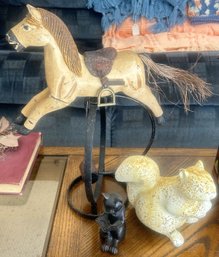 3 Pcs Rocking Horse On Stand, 12' X 8' X 15'H, Reading Cat Figurine, And Squirrel Figurine