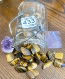 Jar Of Numerous Tigers Eye Polished Stones, Amethyst Geode Fragment And Lavender Pyramid