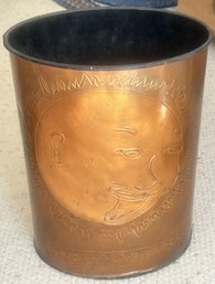 Vintage Custom Made Oval Copper Embossed Trash Can, Artist Signed, Sunny-Ville, 10' X 7.5' 13.5'H
