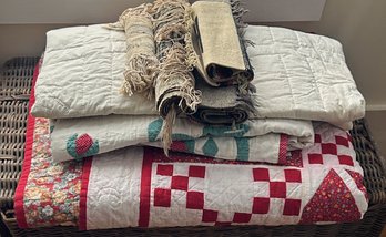 7 Pcs - 2-Hand Made  Quilts Largest 82' X 81', & Woven Table Runners, Possibly Native American (?)