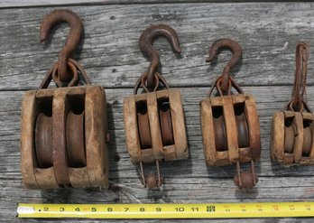Four Antique Block And Tackles - All With Two Pulleys