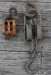 Two Antique Block And Tackles - Each With 2 Pulleys