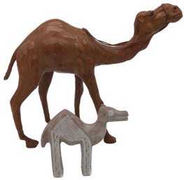 Vintage Pair Of Tourist Camels, 1-leather Covered 11.5' X 14'H & 1-Stone Carved & Etched, 6.25' X 5.5'H