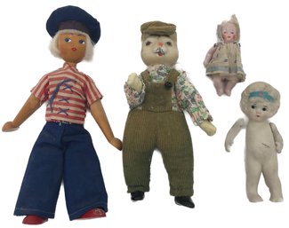 4 Vintage Miniature Dolls, 2 Bisque, Porcelain And Wood