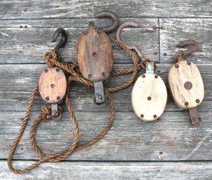 Four Antique Block And Tackles All Single Pulley - 2 Are Roped Together