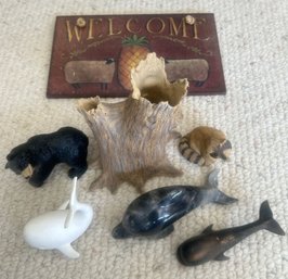 7 Pcs - Studio Pottery Tree Racoon & , Stone Dolphins, Ceramic Whales, Bear And Sign