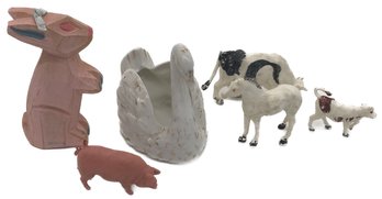 6 Pcs VIntage Miniature Animals Various Materials, Ceramic Swan, Carved Wood Rabit, Plastice Farm Animals