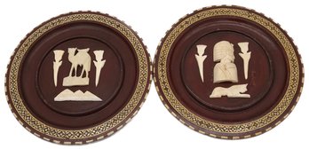 Vintage Pair Round Egyptian Plaques With Intricate Inlay And Ivory Or Bone Applique, Inlaid MOP, 11.75' Diam.