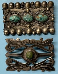 2 Pcs Vintage Silver Brooches, 1-900 Silver & 3 Marquis Turquoise Stones And Mexico Silver & Nephrite Jade