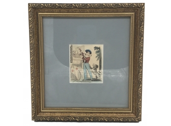 Antique 1785c Hand-Colored  Original Miniature Copper Plate Etching Of Boy With Dog In Gorgeous Matt & Frame