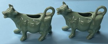 Vintage Matched Pair Fishs Eddy Ceramic Celadon Green Cow Shaped Creamers, 6.75' X 4.75'H