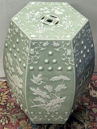 Antique Chinese Export Hexagon Celadon Garden Seat With Raised Slip Decorated White Tree & Bird Designs