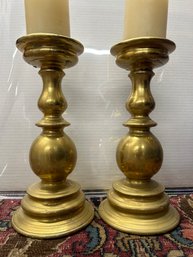 Pair 19thC Heavy Cast Brass Candlestick Holders With Iron Prickets, Base 5.75' Diam. X 14'H (top Of Spike)