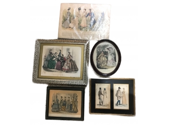 5 Antique Fashion Lithographs, 4 Framed