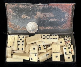 Antique Domed Pocket Tin Filled With Miniature Hand Carved Dominoes Varying Sizes, Box 3-7/8' X 1-3/4' X 78'H