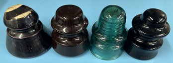 4 Pcs Vintage Telephone Pole Insulators, 2-Brown Ceramic, Brown Glass Armstrong15-47  And Green Glass Brookfie