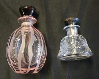 Two Antique Perfume Bottles - Amethyst Colored 5' High & Clear-Cut Crystal W/blue Enamel Top 3' H