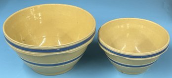 2 Pcs Vintage Yellowware Oven Ware Bowls #8 & #10, Each With Blue & White Striped Design