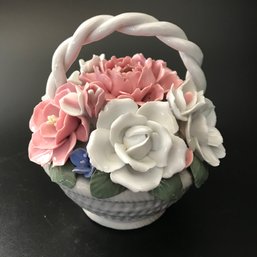 SM Vintage Capodimante Style Porcelain Flower Basket 5.75' Diam. X 5.5'H, Minuscule Petal Damage