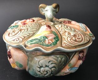Antique Italian Magolica Covered Bowl With Rams Head Finial, 6.5' Diam. X 4.5'H