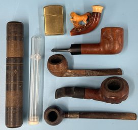 8 Pcs Smoking Lot, 4 Wood Pipes,  Wood & Glass Cigar Holder, Lord Chesterfield Lighter, Carved Equestrian Bowl
