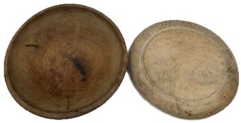 2 Pcs Antique Carved Wooden Treenware Bowl & Roundel Bread Plate, 10.75' Diam.