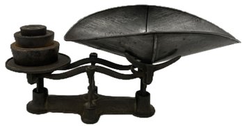 Antique Cast Iron Scales With Weights, 16' X 6' X 6.5'H