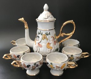 Gorgeous Vintage Italian Capodimante Style Porcelain Chocolate Set, Pot & 6 Cups, 10.25' X 6' X 10.5'H