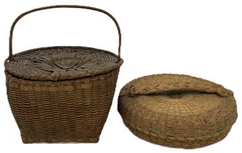 2 Pcs Antique Hand Woven Baskets, Native American Sweet Grass 10' Diam. & Feather Basket 8.5' Diam. X 10'H