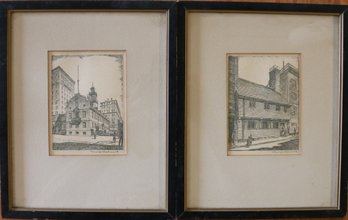 Pair Of Prints Signed By David J. Abraham - Shows Faneuil Hall And Paul Revere's House
