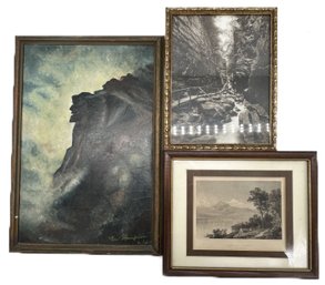 3 Pcs Vintage New Hampshire Old Man On The Mountain Painting, Tamworth & Franconia Notch Prints