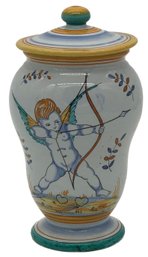 Vintage Italian Grazid Deruta Covered Urn With Cupid, 4' Diam. X 7.5'H