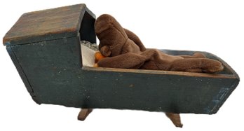 Vintage Hand Made Doll Covered Cradle 13' X 6.5 X 6.5'H, Hand Stitched Bedding & TY Beanie Chocolate Moose