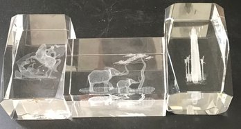 Laser Etched Glass Cubes, Knight Slaying Dragon, Elephants On Savanah & Lighthouse, 1.75' X 2' X 3'