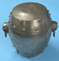 18thC  C.1750 Antique Chinese Export Metal Tobacco Drum Canister, Lid Engraved With 'B', 6' Diam. X 7' X 6'H