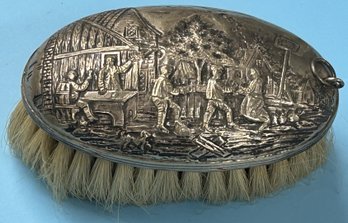Antique Oval Sterling Coat Brush With Repouss Street Scene, 6' X 3.5' X 3.5'H