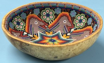 Small Vintage Huichol Beaded Gourd Medicine Bowl With Geometric Design, Traditional Beaded, 6' Diam. X 2'H