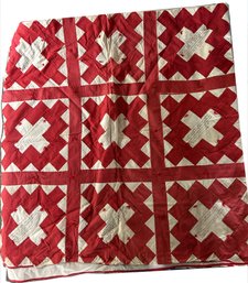 Antique 1887 Hand Stitched Red & White Prayer Quilt, 74' Sq., Signed & Dated By Maker Mary A. Littlefield