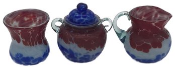 Vintage 3 Pcs Hand Blown Art Glass - Spooner, Creamer & Covered Sugar Bowl, 6' X 5' X 5.5'H, Applied Handles