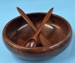 Vintage Dominican Republic Hand Turned Exotic Wood12.5' Diam., Salad Bowl And Long Fork 12.75'L & Spoon