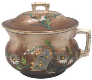 Antique Victorian Chamber Pot With Daisies, Butterflies And Hand Fan, 10' Diam. X 11.25' X 9'H