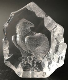 Vintage Etched Glass Eagle By Mats Jonasson Maleras Sweden Full Lead Crystal, Signed No. 0574, 5' X 1.5' X 5.5