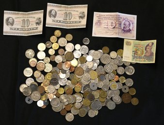 Lot Of Mixed Foreign Coins And Some Foreign Currency