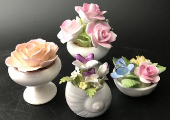 4 Pcs Small English Porcelain Bone China Flowers Various Makers Nice Condition, Largest 2.5' Diam. X 3.25'H
